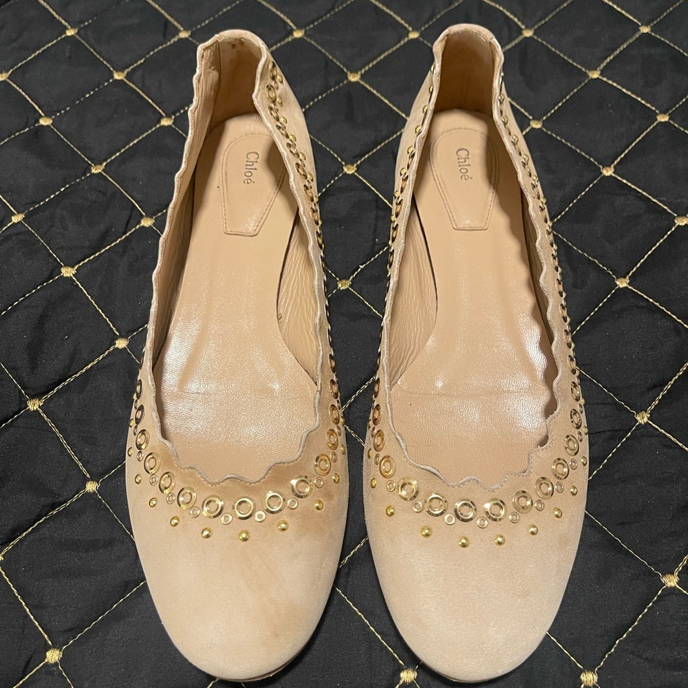 Chloe Beige Flats with Gold Accents